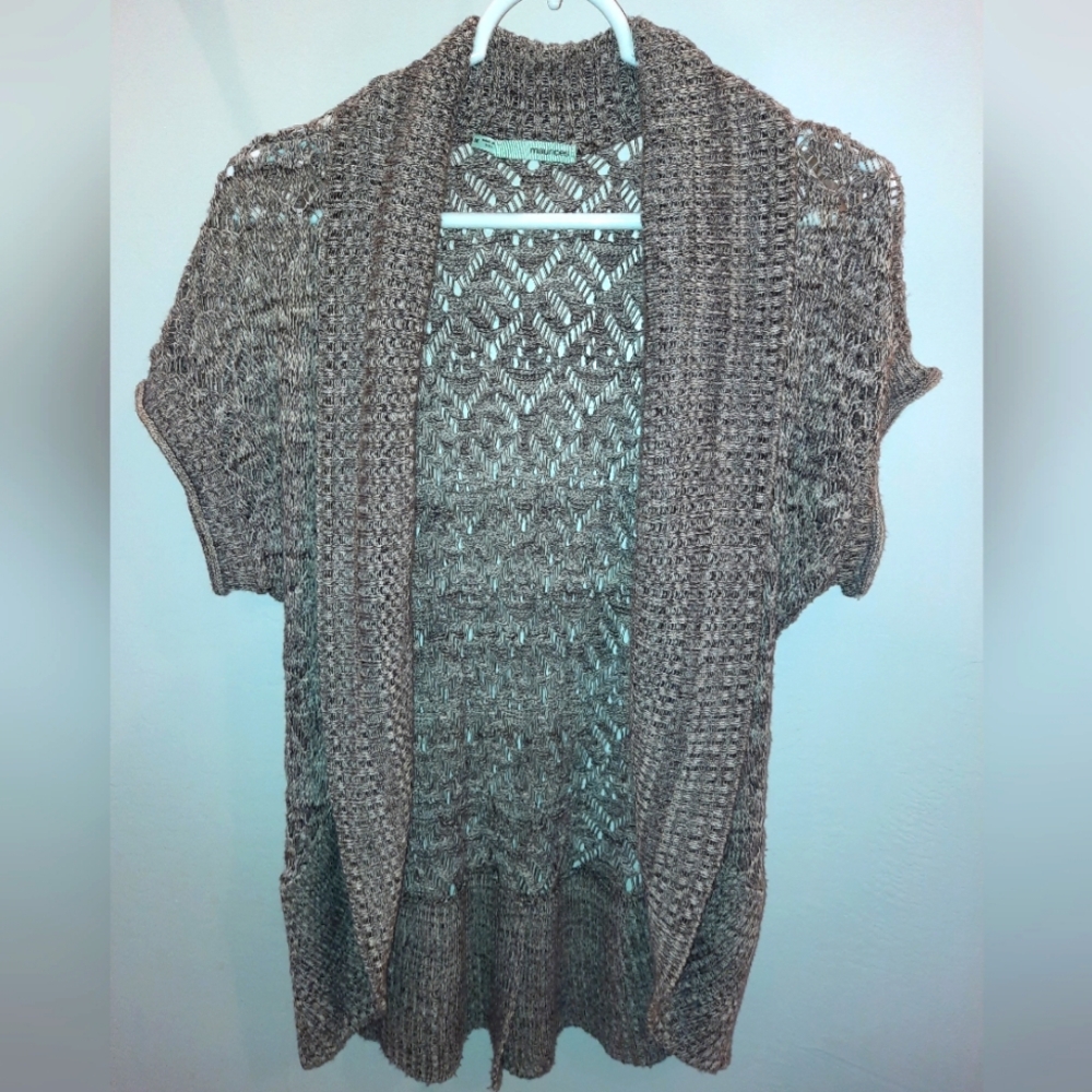 Maurices size medium brown, black & white crochet type open cardigan sweater EUC